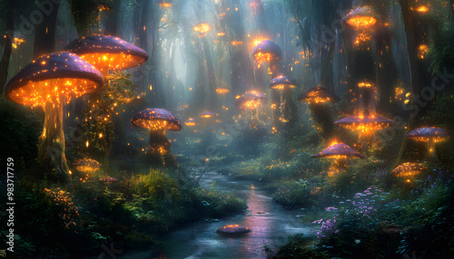 A mystical forest with glowing mushrooms, winding rivers, and floating islands, creating a magical and otherworldly feel