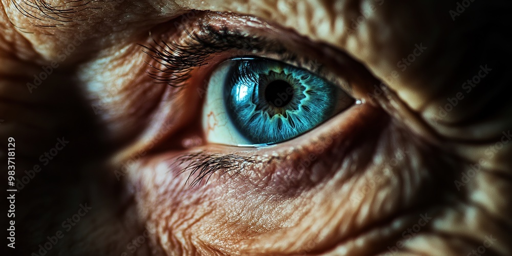 A close-up of an elderly woman's eye, showing deep wrinkles and expressive blue eyes