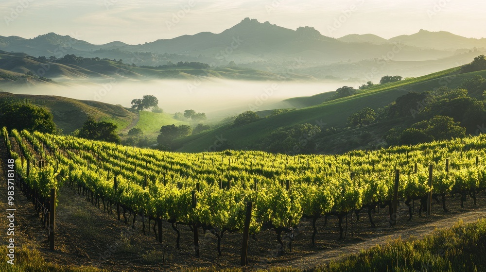 Fototapeta premium Vineyard Landscape with Rolling Hills and Fog