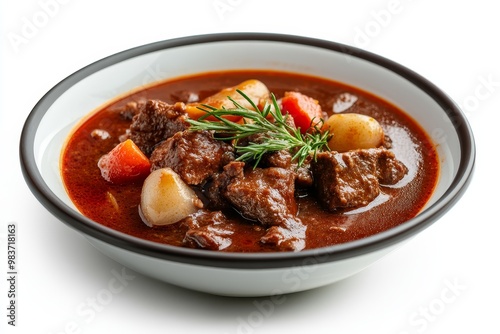 A hearty bowl of Hungarian goulash soup, featuring tender beef chunks, carrots, onions, and a sprig of rosemary, all simmered in a rich and flavorful broth.