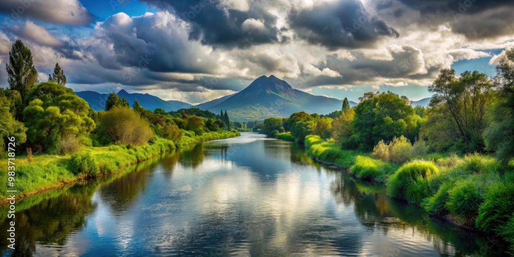 Fototapeta premium Narrow river flanked by trees and greenery with a distant mountain under a cloudy sky, river, trees, greenery, mountain