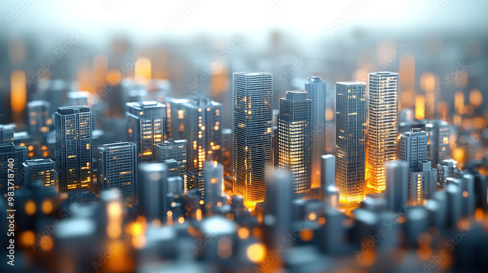 Obraz premium Digital cityscape with skyscrapers and buildings in a miniature view,