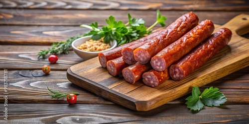 Wallpaper Mural Smoked sausage sticks on a wooden board , snack, food, meat, appetizer, delicious, savory, protein, smoky, cured Torontodigital.ca