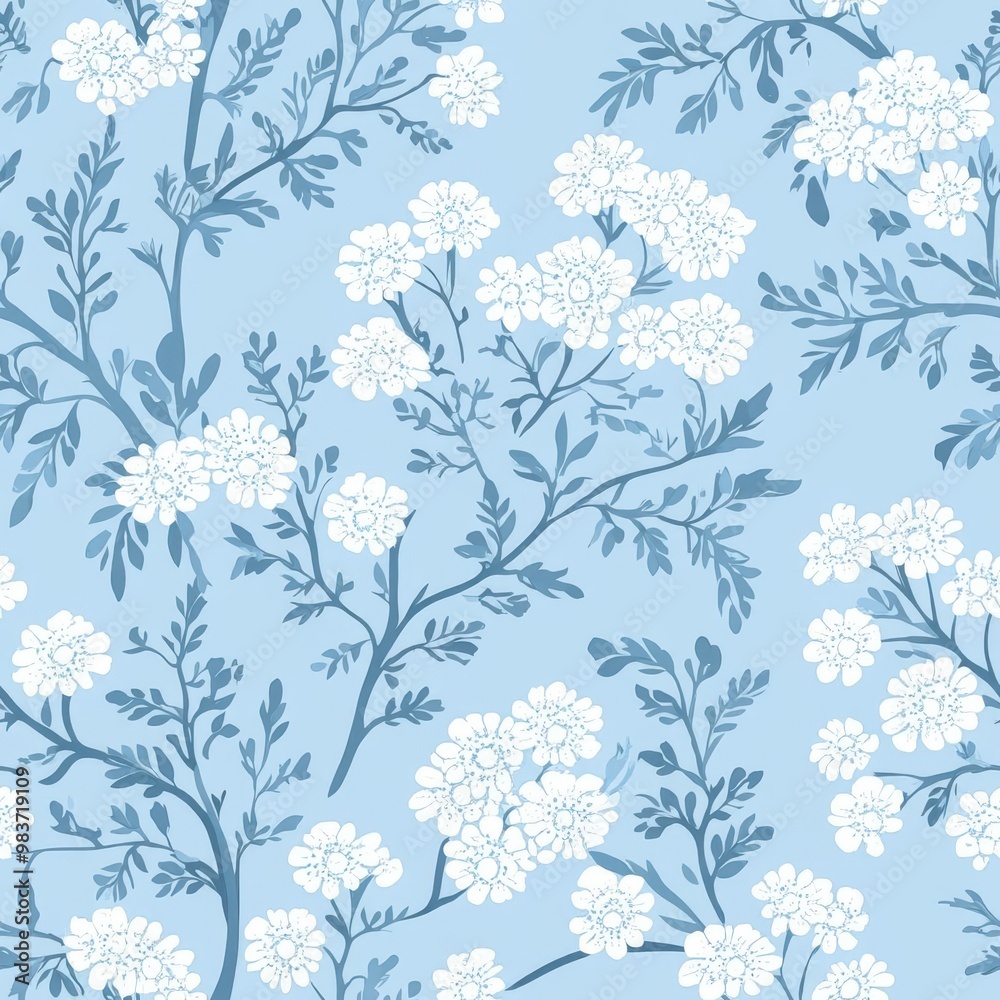 Fototapeta premium Yarrow pattern on soft pale blue pastel background, top down view, creating a serene and delicate aesthetic.