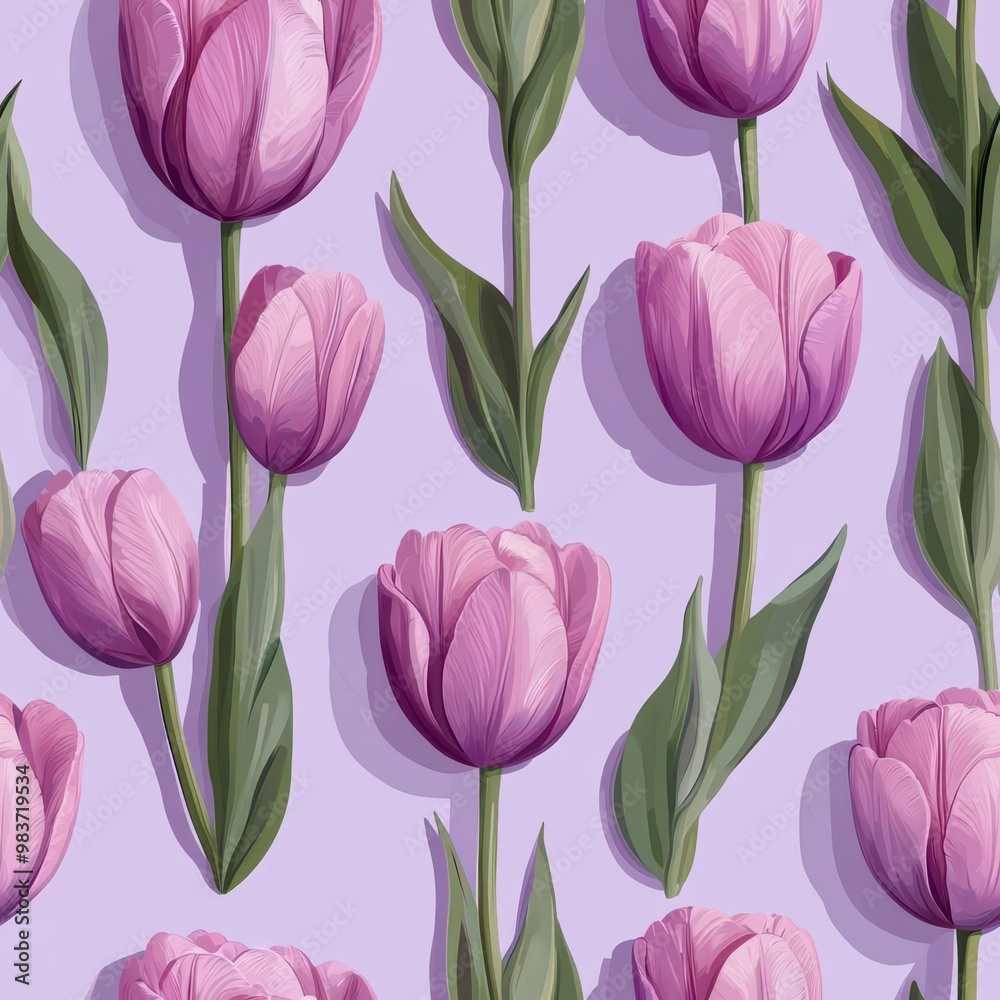 Fototapeta premium Tulip pattern on lavender pastel background, top down view