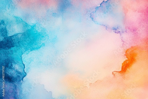  Abstract watercolor background with pastel blue, pink, sky blue, and orange hues blending in a soft gradient for a dreamy, artistic effect.