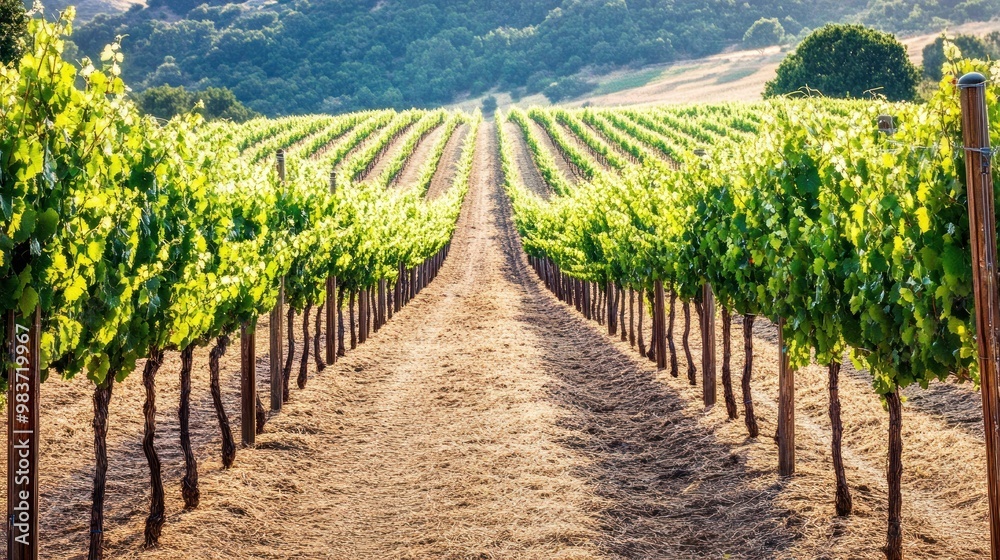 Naklejka premium Vineyard Rows Leading to a Distant Hillside