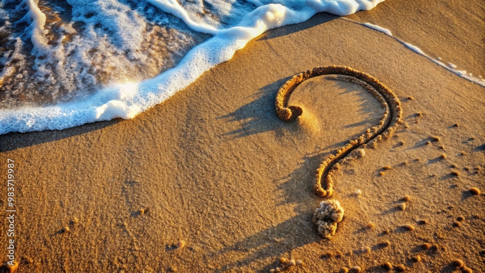 Question mark on sandy beach next to sea wave, top view , mystery, uncertainty, confusion, riddle, question, curiosity
