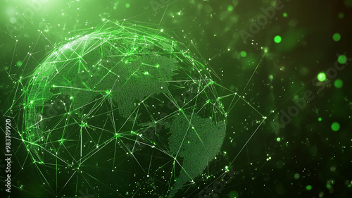 Digital representation of a green globe illuminated by interconnected lines and particles