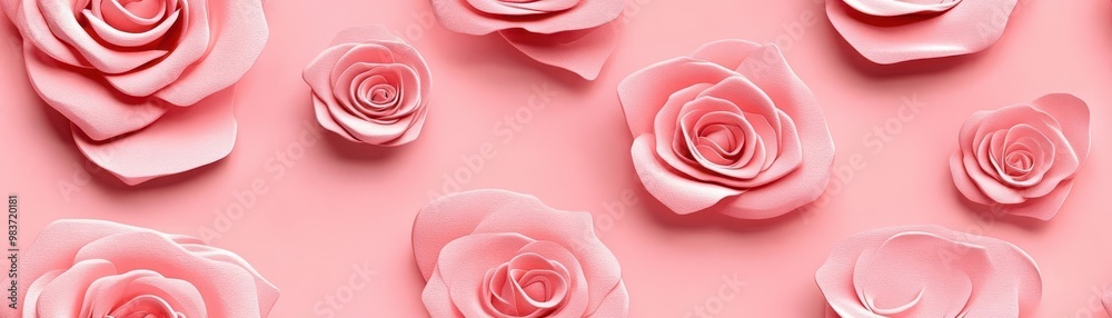 Rose pattern on light pink pastel background, viewed from above in a top down perspective. Rose pattern on light pink pastel background, viewed from above in a top down perspective.