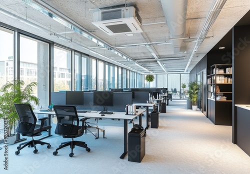 Modern office with ergonomic chairs, high-tech desks, large windows, bright lighting, plants, and minimalist furniture for a clean professional workspace