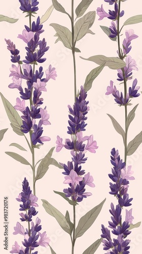 Salvia pattern on soft rose pastel background, top down view