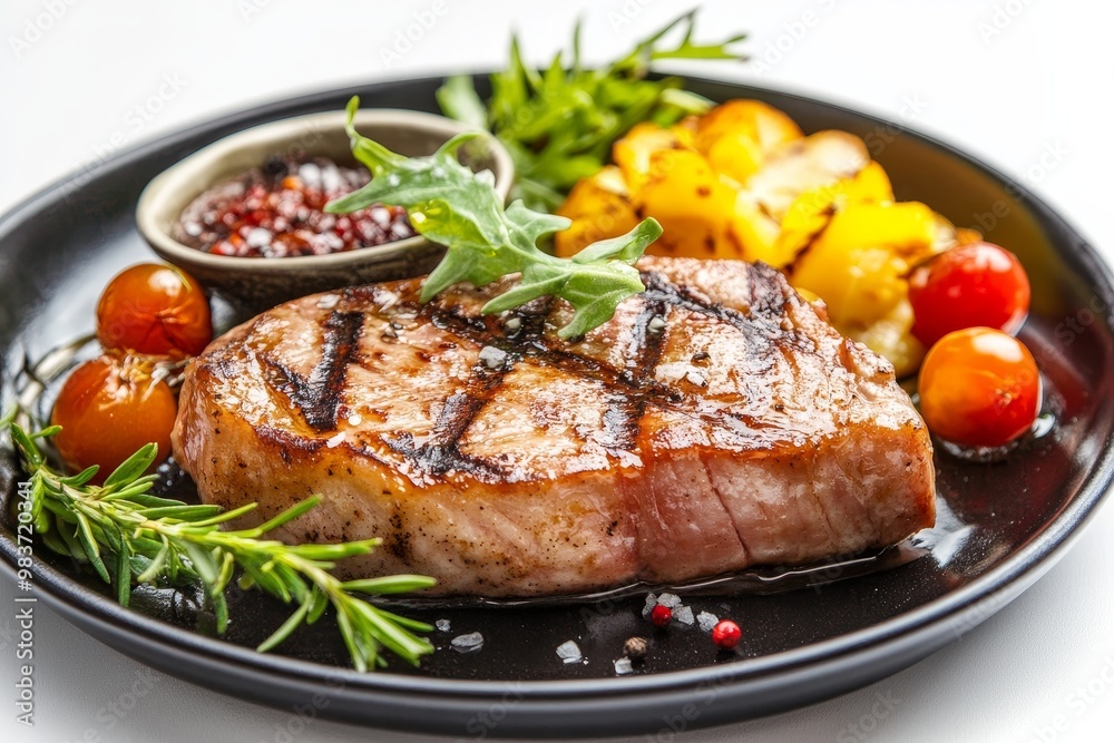 A perfectly grilled tuna steak served on a black plate with roasted vegetables and a savory sauce. The steak is seared to perfection with grill marks, and the vegetables are roasted to a golden brown. A perfectly grilled tuna steak served on a black plate with roasted vegetables and a savory sauce. The steak is seared to perfection with grill marks, and the vegetables are roasted to a golden brown.