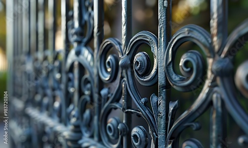 Detail of a black wrought iron fence on a street in Paris