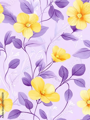 Primrose pattern on light lavender pastel background, seen from above, creating a serene and elegant atmosphere.