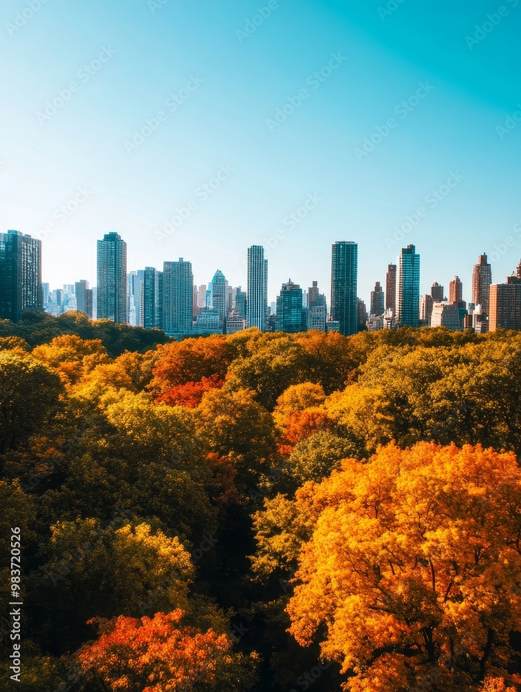 Obraz premium A picturesque cityscape showcasing a vibrant blend of fall foliage and towering skyscrapers, capturing the beauty of urban nature.