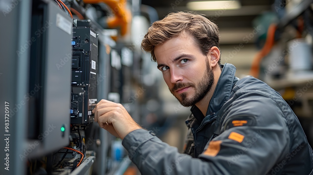 Clean energy expert wiring solar panels to a central inverter in a high-tech industrial facility, with the focus on the transformation to renewable energy. Clean energy expert wiring solar panels to a central inverter in a high-tech industrial facility, with the focus on the transformation to renewable energy.