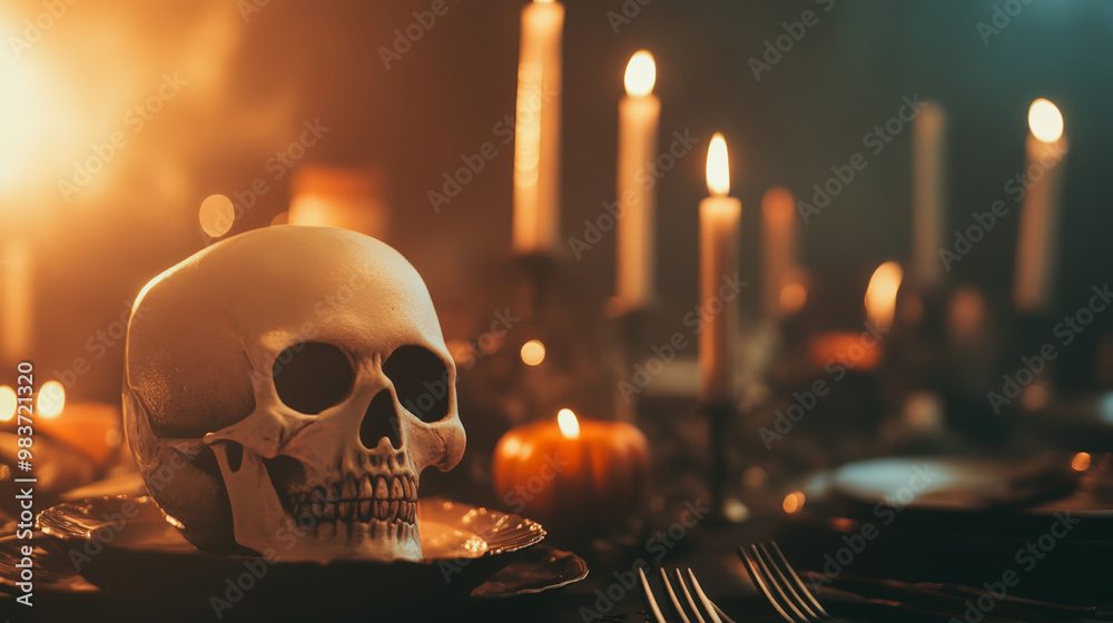 A Gothic style Halloween feast table features an eerie skull centerpiece surrounded by flickering candles and pumpkins, creating haunting atmosphere A Gothic style Halloween feast table features an eerie skull centerpiece surrounded by flickering candles and pumpkins, creating haunting atmosphere