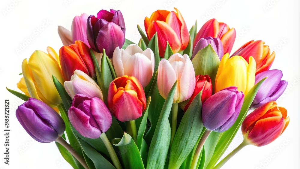 Fototapeta premium Bouquet of vibrant tulips isolated on white background, spring, flowers, colorful, petals, foliage, fresh, floral arrangement