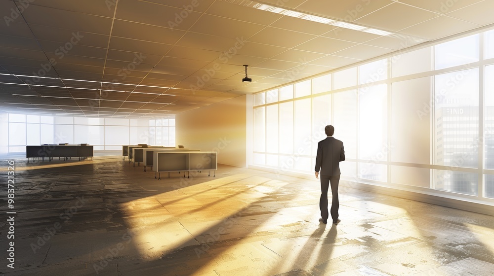 Businessman standing alone in an empty office, reflecting on closure, void of furniture, sunlight streaming through windows, capturing poignant moment of transition and loss Businessman standing alone in an empty office, reflecting on closure, void of furniture, sunlight streaming through windows, capturing poignant moment of transition and loss