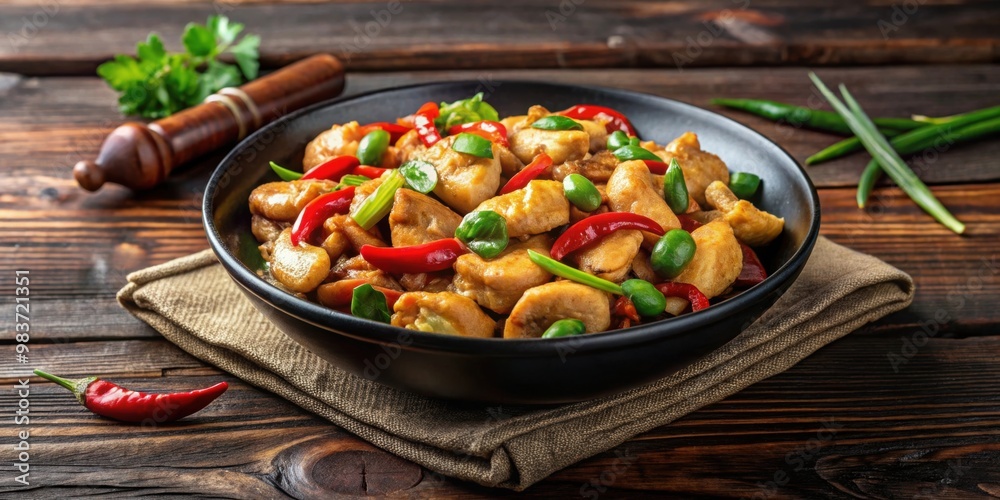 Thai Cashew Chicken in black bowl on rustic wooden table, Thai cuisine, Gai Pad Med Mamuang, cashew nuts, stir fry Thai Cashew Chicken in black bowl on rustic wooden table, Thai cuisine, Gai Pad Med Mamuang, cashew nuts, stir fry