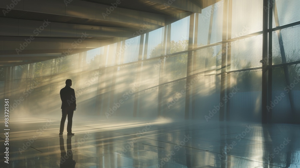 Businessman standing alone in an empty office, reflecting on closure, void of furniture, sunlight streaming through windows, capturing poignant moment of transition and loss Businessman standing alone in an empty office, reflecting on closure, void of furniture, sunlight streaming through windows, capturing poignant moment of transition and loss