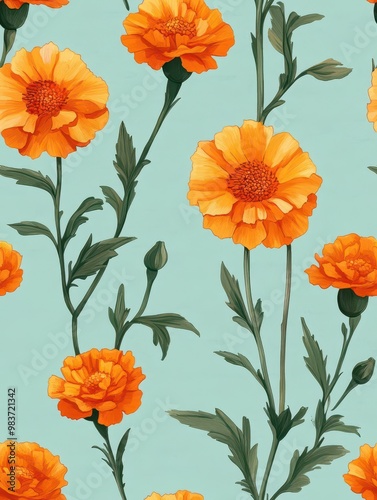 Marigold pattern on pale turquoise pastel background, seen from above, top down view.