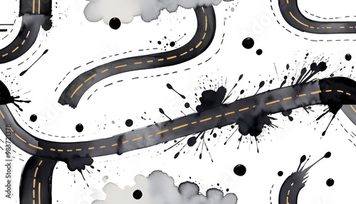 Obraz na płótnie design washes pattern white blobs blank watercolour artistic templates stains element strokes drawing road drawn seamless black grungy hand creative clipart cutout paintbrush road street highway way w salonie