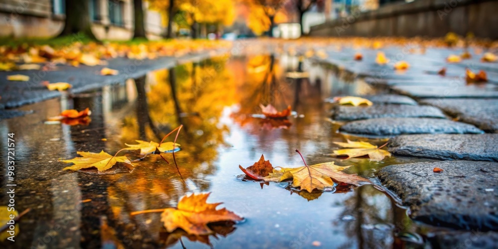 Wet old pavement with a puddle reflecting autumn leaves, wet, old, pavement, puddle, autumn, leaves, water