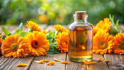 Calendula oil bottle with fresh calendula flowers, calendula, oil, bottle, flower, herbal, natural, organic