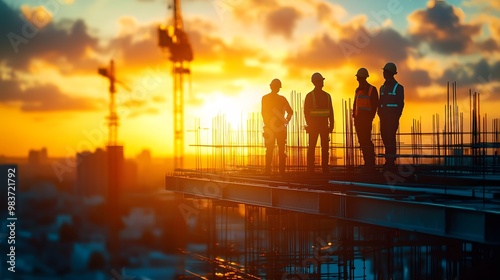 Silhouettes of a construction crew and engineers at a building site, with a blurred urban landscape in the background, capturing teamwork and development.