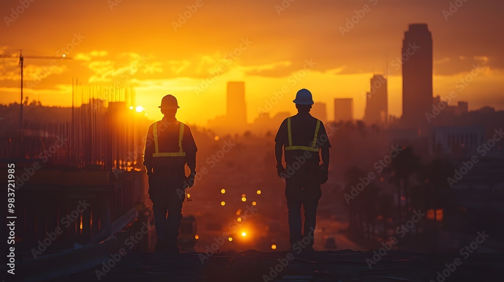 Fototapeta premium Silhouetted construction crew working at a job site, with a blurred city skyline and machinery setting the stage for a bustling urban project.