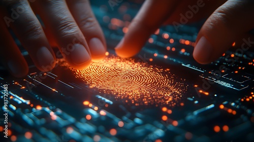 Focused shot of hands working with a digital forensic fingerprint scan, using cutting-edge technology to investigate biometric details.