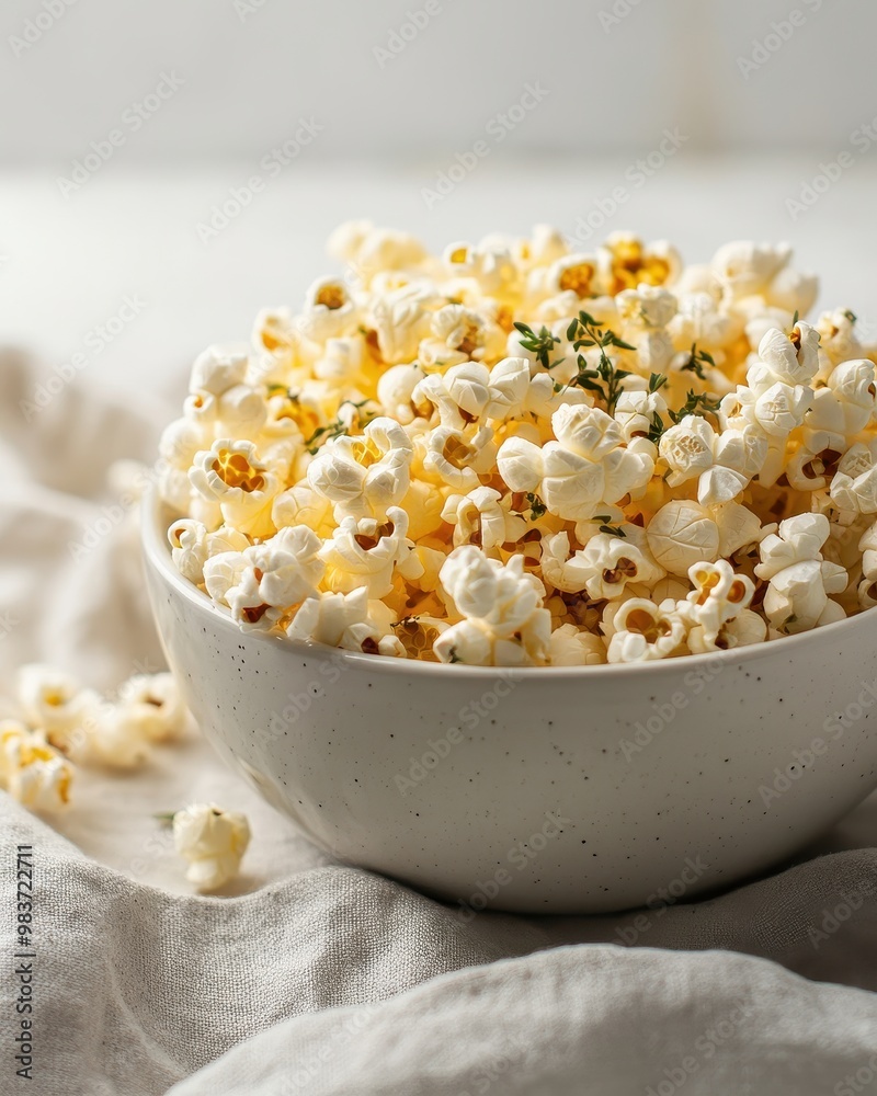 A bowl of popcorn sits on a soft cloth, perfect for snacking during movies or gatherings. A bowl of popcorn sits on a soft cloth, perfect for snacking during movies or gatherings.
