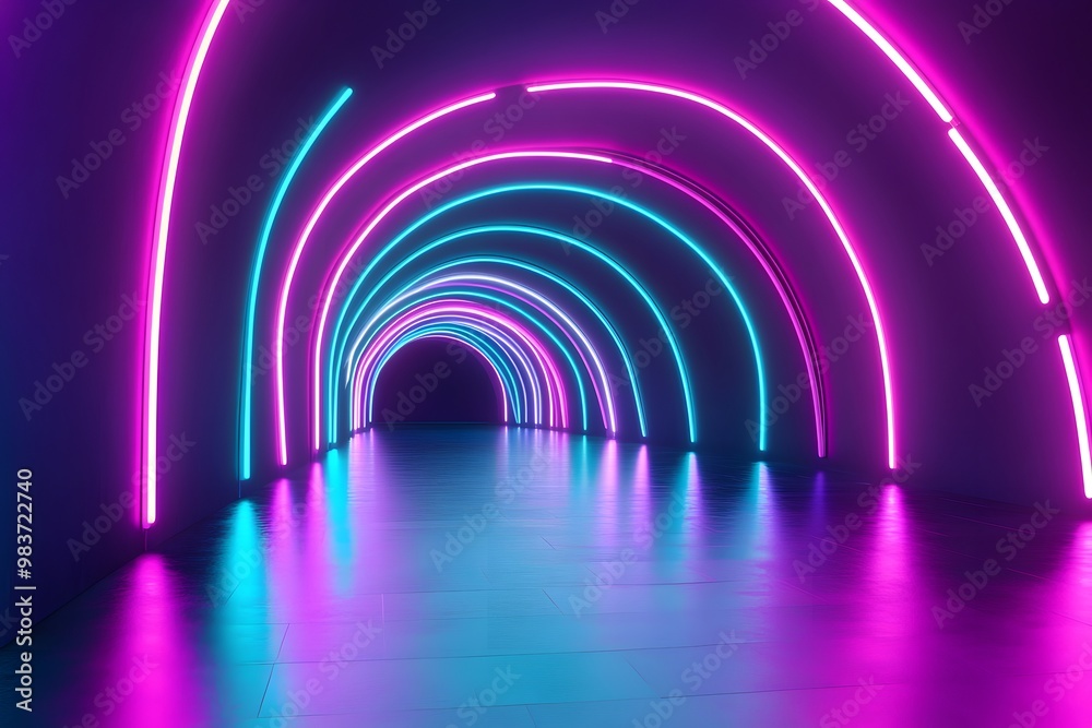 Abstract background with neon glowing lines in the shape of arches and curved shapes on a purple, blue, and green gradient, a futuristic technology tunnel or corridor. Abstract background with neon glowing lines in the shape of arches and curved shapes on a purple, blue, and green gradient, a futuristic technology tunnel or corridor.