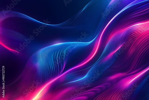 Abstract background with neon glowing lines in curved shapes on a dark blue and purple background,