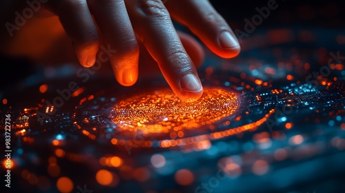 Macro view of hands interacting with a digital forensic fingerprint scan, focusing on the details of the fingerprint and the technological interface.