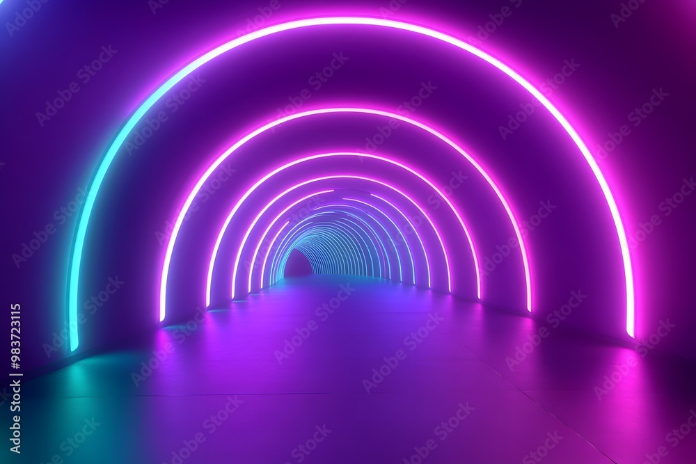 Abstract background with neon glowing lines in the shape of arches and curved shapes on a purple, blue, and green gradient, a futuristic technology tunnel or corridor. Abstract background with neon glowing lines in the shape of arches and curved shapes on a purple, blue, and green gradient, a futuristic technology tunnel or corridor.