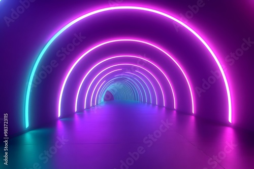 Abstract background with neon glowing lines in the shape of arches and curved shapes on a purple, blue, and green gradient, a futuristic technology tunnel or corridor.