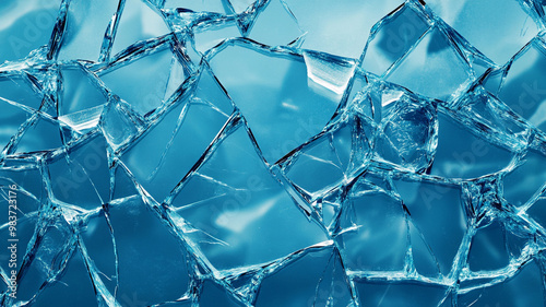 Shattered glass fragments reflecting light in an abstract blue background during daytime