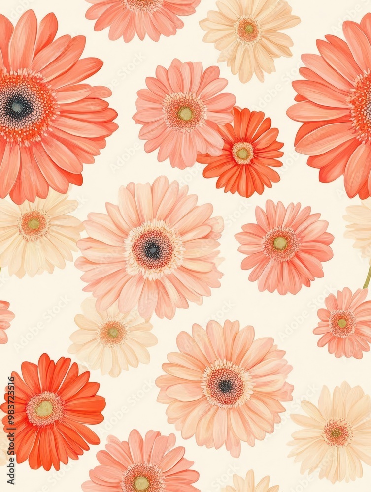 Gerbera pattern on light cream pastel background, viewed from above, creating a serene and elegant display.