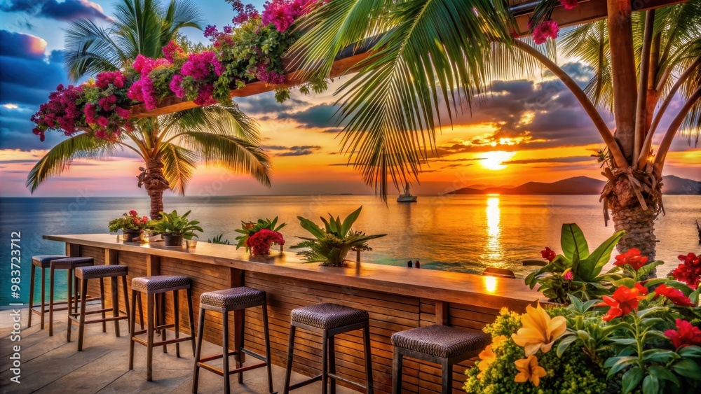 Fototapeta premium Tropical bar with colorful flowers and palm trees overlooking the blue sea at sunset, tropical, bar, colorful, flowers