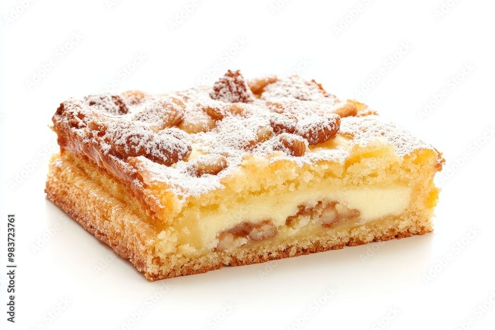 A slice of Bienenstich Bee Sting Cake, a traditional German dessert with a crispy crust, a sweet custard filling, and a topping of almonds and powdered sugar. This cake is a popular treat for special A slice of Bienenstich Bee Sting Cake, a traditional German dessert with a crispy crust, a sweet custard filling, and a topping of almonds and powdered sugar. This cake is a popular treat for special