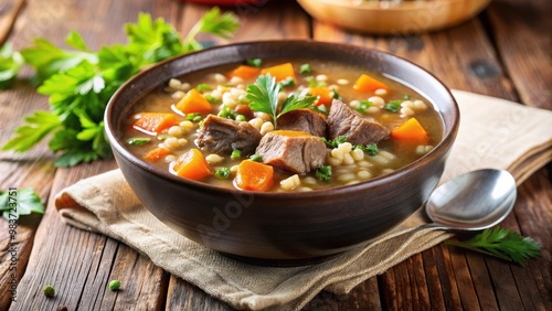 A bowl filled with rich, comforting beef and barley soup, beef, barley, soup, hearty, comfort food, food photography, stew, delicious