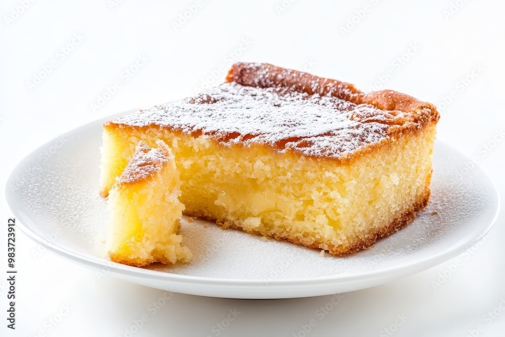 A slice of freshly baked German Butterkuchen (Butter Cake), dusted with powdered sugar, on a white plate. This traditional German pastry is known for its rich, buttery flavor and soft, crumbly texture A slice of freshly baked German Butterkuchen (Butter Cake), dusted with powdered sugar, on a white plate. This traditional German pastry is known for its rich, buttery flavor and soft, crumbly texture