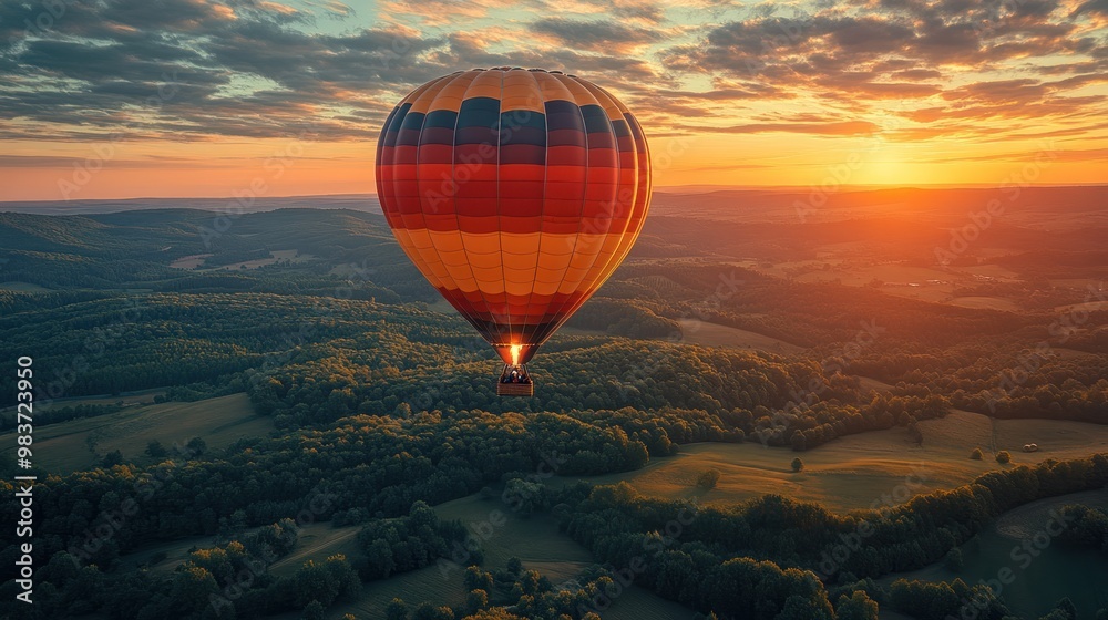 Obraz premium A vibrant hot air balloon soaring over a scenic landscape at sunset.