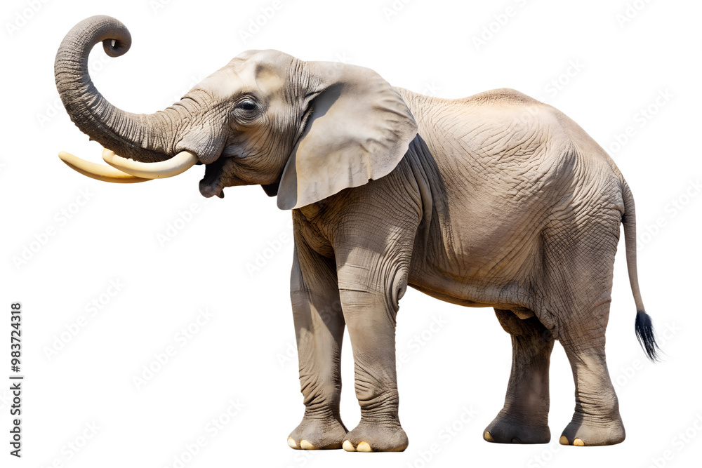 Obraz premium African elephant with raised trunk and tusks isolated on white