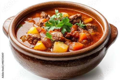 A steaming bowl of Hungarian Goulash Soup, a hearty and flavorful dish with tender beef, potatoes, carrots, and paprika. It's the perfect comfort food for a cold day.