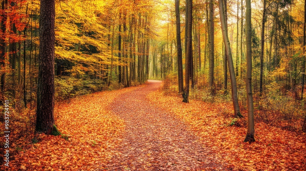Obraz premium Autumnal Pathway Through Golden Forest