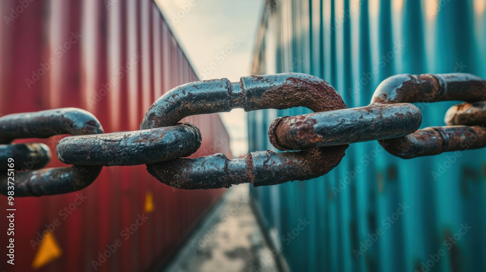 A broken chain symbolizes obstacles in shipping industry, with colorful shipping containers in background. This image captures essence of disruption and challenges in logistics